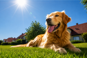 Golden Retriever tumbado en el césped de un jardín en un día soleado de verano