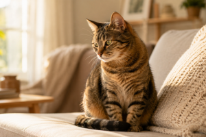 Gato atigrado tumbado en un sofá con expresión tranquila y mirada distante en un salón con luz natural